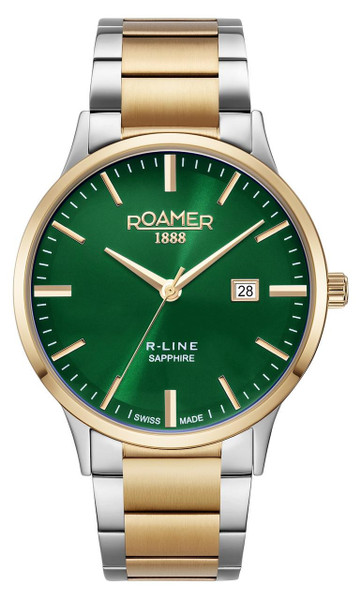 Roamer Watch, luxury men's wristwatch with a green dial, gold and silver two-tone stainless steel bracelet, date display, and sapphire crystal.