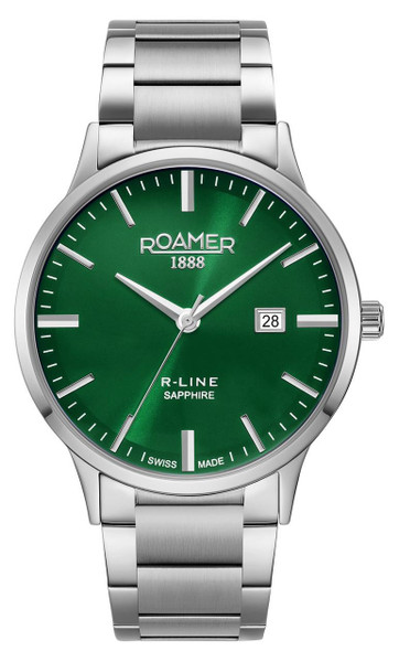 Roamer Watch, stainless steel wristwatch with green dial, silver hour markers and hands, date display at 3 o'clock, and a stainless steel bracelet.