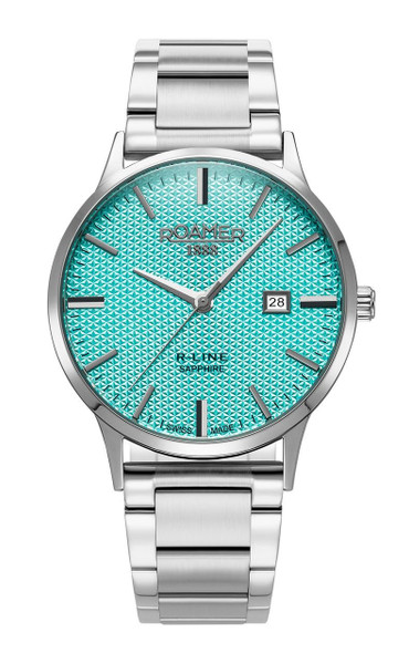 Roamer Watch, stainless steel wristwatch with a turquoise patterned dial, silver hour markers, date display, and quartz movement.
