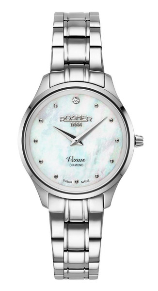 Roamer Watch [601857 41 89 20], Elegant silver stainless steel wristwatch with mother-of-pearl dial and diamond accents, Swiss made timepiece for women.