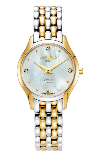 Roamer Watch, luxury two-tone gold and silver wristwatch with mother-of-pearl dial and diamond accents.