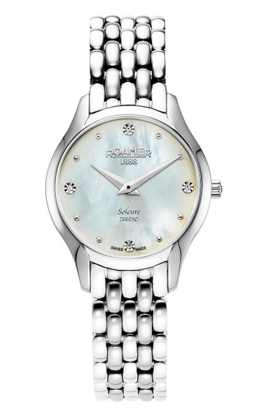 Roamer Watch, elegant silver wristwatch with mother-of-pearl dial, diamond hour markers, and stainless steel bracelet.