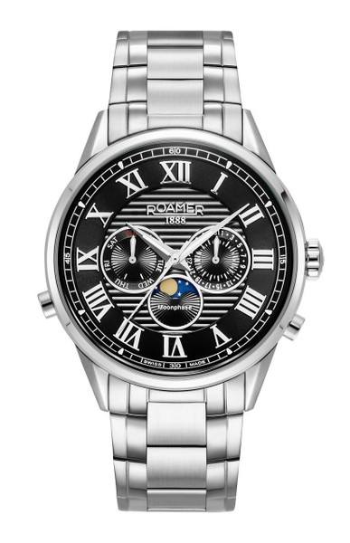 ROAMER WATCH [513821 41 85 50] 7640374893919, a silver stainless steel wristwatch with a black dial featuring Roman numerals, multiple sub-dials, and a moonphase indicator.