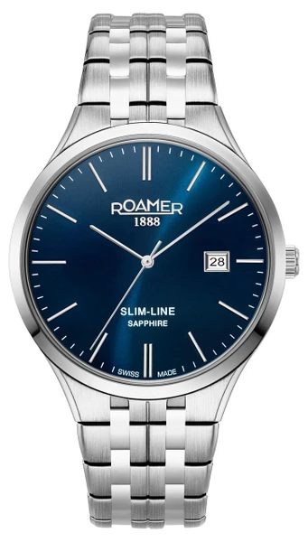 Roamer Watch 512833 41 45 20, silver stainless steel wristwatch with a blue dial, date display, and slim-line sapphire features.