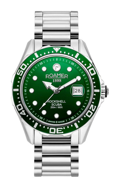 ROAMER WATCH [220858 41 75 50] 7640338954489, a stainless steel diver watch with a green dial and bezel, featuring luminous hands and markers, date display, and water resistance up to 200 meters.