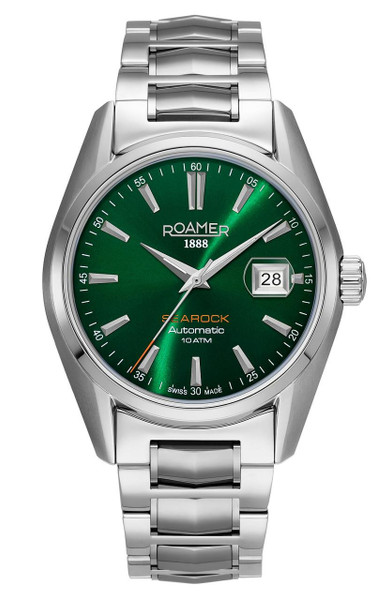 ROAMER WATCH, men's luxury wristwatch with green dial, stainless steel bracelet, date function, and automatic movement.