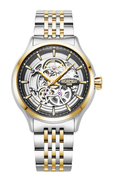 Roamer Watch, luxury men's skeleton automatic wristwatch with stainless steel and gold-tone bracelet and exposed mechanical movement.