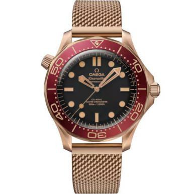 OMEGA [21090422001003], men's luxury dive watch with a rose gold case, black dial, red unidirectional rotating bezel, and a mesh strap.