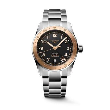 LONGINES [L3.803.5.53.6], men's luxury wristwatch with black dial, rose gold bezel, and stainless steel bracelet.