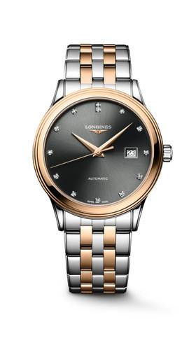 LONGINES Elegance Flagship Heritage [L4.984.3.77.7], luxury wristwatch with a black dial, rose gold bezel, and a two-tone stainless steel and rose gold bracelet.