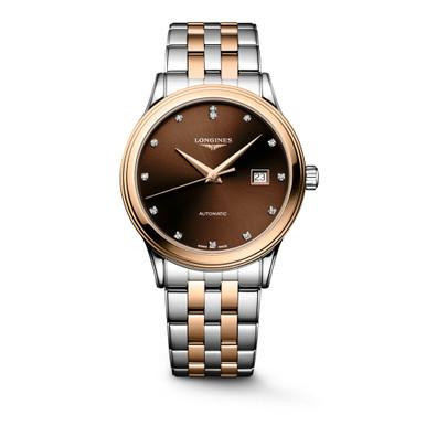 LONGINES Elegance Flagship Heritage [L4.984.3.08.7], luxury men's wristwatch with a brown dial, rose gold bezel, and two-tone stainless steel and rose gold bracelet.