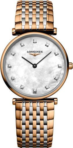 LONGINES Elegance Lyre [L4.866.1.97.7], luxury women's watch with a mother-of-pearl dial, diamond hour markers, and a two-tone stainless steel and rose gold bracelet.