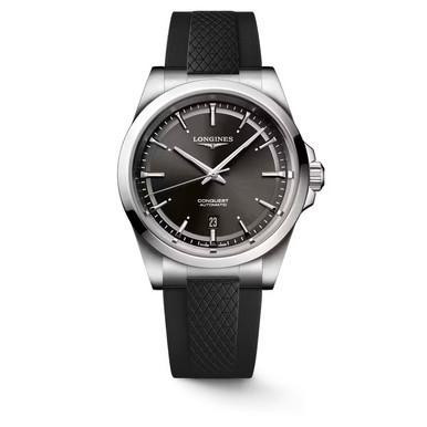 LONGINES [L3.830.4.52.9], men's luxury wristwatch with black dial, silver-tone case, and black rubber strap.