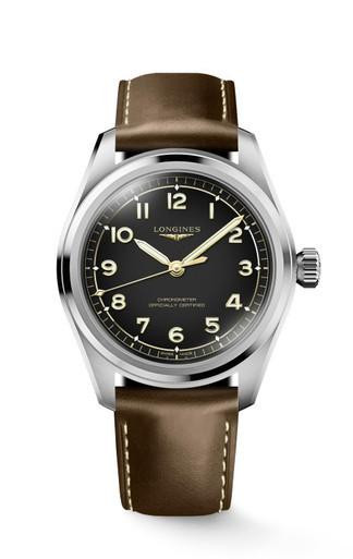 LONGINES Avigation Spirit [L3.809.4.53.2], wristwatch with black dial, beige numerals and hands, stainless steel case, and brown leather strap.