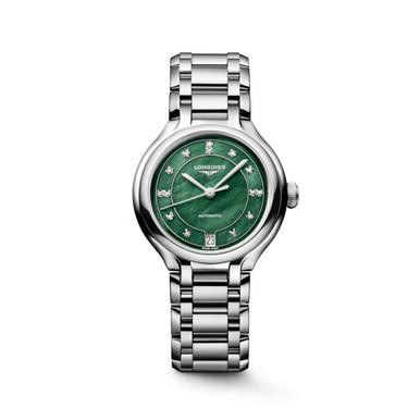 LONGINES Elegance PrimaLuna [L8.124.4.07.6], a women's luxury wristwatch with a green dial adorned with diamond hour markers and a silver stainless steel bracelet.