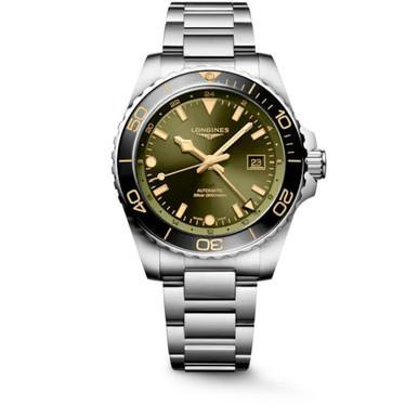 LONGINES Sport HydroConquest [L3.890.4.06.6], stainless steel diver's watch with olive green dial, rotating bezel, and date display.