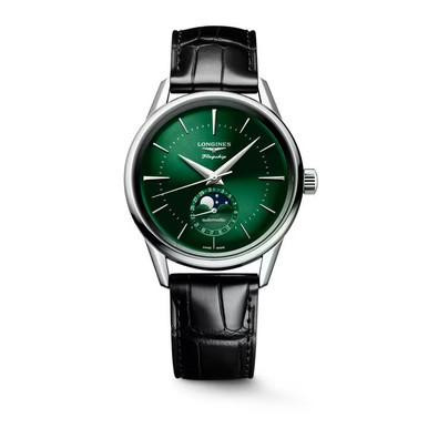 LONGINES Elegance Presence [L4.815.4.02.2], with a green dial, silver case, and black leather strap.