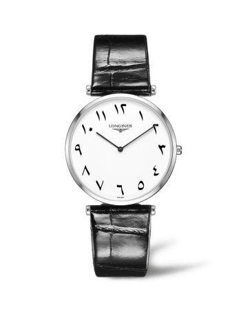 LONGINES Elegance La Grande Classique [L4.766.4.13.2], a sophisticated wristwatch with a white dial, black Arabic numeral hour markers, a minimalist design, and a black leather strap.