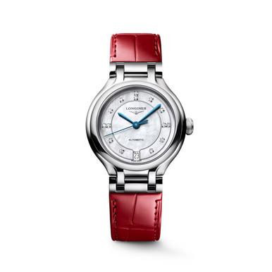 LONGINES Elegance PrimaLuna [L8.124.4.87.2], silver dial watch with blue hands, diamond hour markers, silver stainless steel case, and red leather strap.