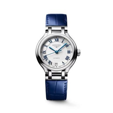 LONGINES Elegance PrimaLuna [L8.124.4.71.2], wristwatch with a silver dial, Roman numeral hour markers, blue hands, and a blue leather strap.