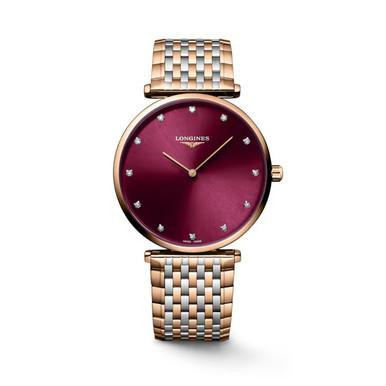 LONGINES Elegance Lyre [L4.866.1.68.7], watch with a rose gold case and bracelet, featuring a deep red dial with minimalist diamond hour markers and a sleek two-hand design.