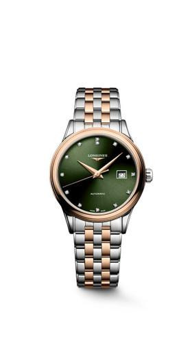 LONGINES Elegance Lyre [L4.374.3.07.7], luxury wristwatch with a green dial, diamond hour markers, two-tone stainless steel and rose gold bracelet, and date display.