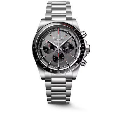 LONGINES Sport Conquest [L3.836.4.52.9], stainless steel men's chronograph wristwatch with black dial, silver indices, and multiple subdials.
