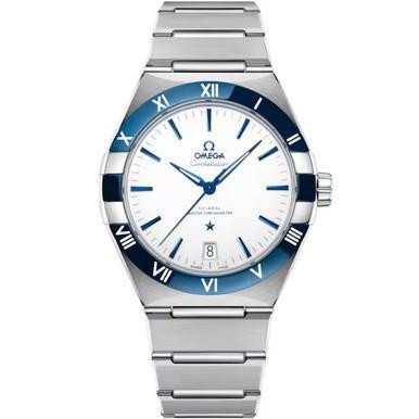 OMEGA Constellation Co-Axial 41mm watch, silver stainless steel bracelet and blue and white dial with Roman numerals and date display.