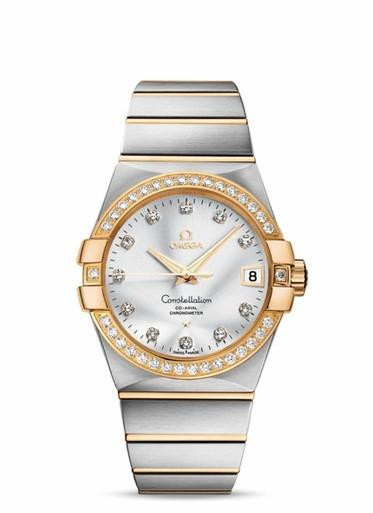 OMEGA Constellation Co-Axial 38mm, luxury wristwatch with silver dial, diamond-set bezel, and stainless steel and gold bracelet.