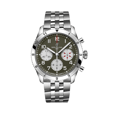 BREITLING Classic AVI P-51 Mustang 42 watch, stainless steel wristwatch with green dial, chronograph features, and tachymeter scale on bezel.