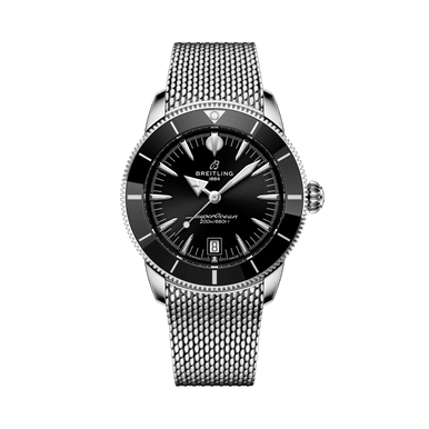 BREITLING S. Heritage B31 Automatic 42, watch with black dial, stainless steel mesh bracelet, and date display at 6 o'clock.