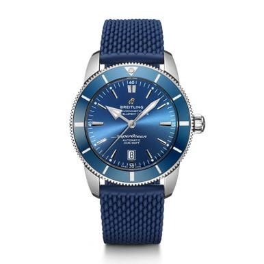 BREITLING S. Heritage B20 Automatic 46, wristwatch with a blue dial, silver case, and blue textured strap.