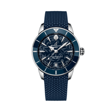 BREITLING S. Heritage B31 Automatic 40 [AB31101A1C1S1], close-up image of the luxury watch featuring a blue dial, blue textured strap, and silver case with detailed markings.