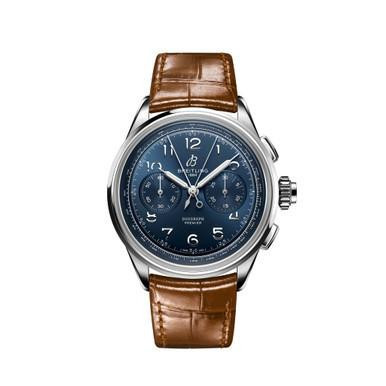 Breitling Premier B15 Duograph 42 [AB1510171C1P1], men's wristwatch with a blue dial, chronograph subdials, and a brown leather strap.