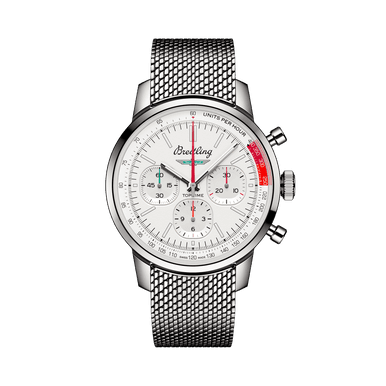 BREITLING Top Time B01 (Ford Thunderbird) watch, silver dial with chronograph features and mesh strap.