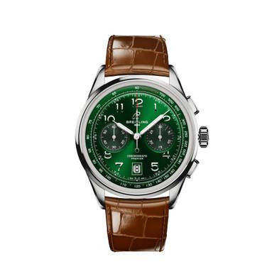 Breitling Premier B01 Chronograph 42, wristwatch with a green dial, stainless steel case, and brown leather strap.