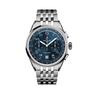 Breitling Premier B01 Chronograph 42, close-up of the stainless steel wristwatch with a blue dial, chronograph subdials, and date display.
