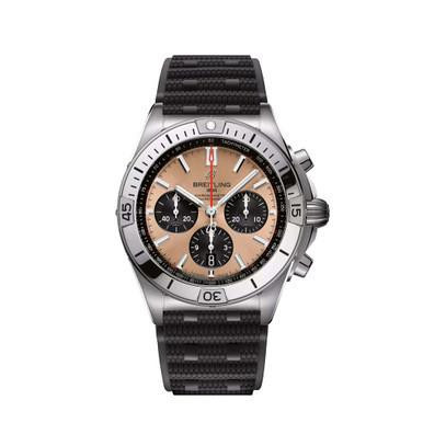 Breitling Chronomat B01 42, men's luxury chronograph watch with beige dial, black sub-dials, date display, stainless steel case, and black textured strap.