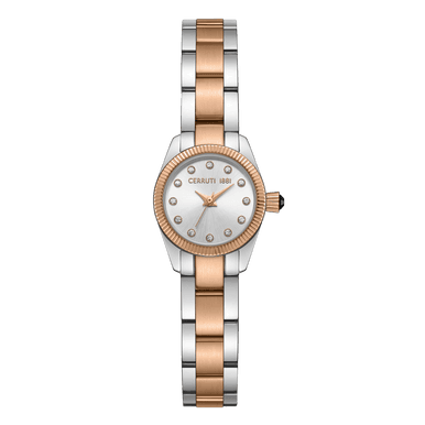 CERRUTI 1881 WATCH, a stylish women’s wristwatch featuring a two-tone silver and rose gold stainless steel bracelet and a round white dial with diamond hour markers and rose gold hands.