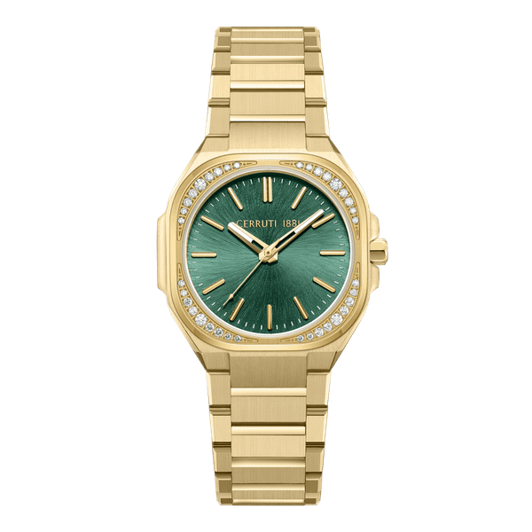 CERRUTI 1881 WATCH, gold-tone wristwatch with green dial and diamond-studded bezel.