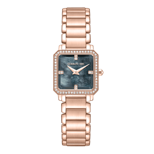 CERRUTI 1881 WATCH with model CIWLG0097401, a luxurious rose gold-tone wristwatch with a square face, adorned with crystals around the bezel and a dark mother-of-pearl dial.