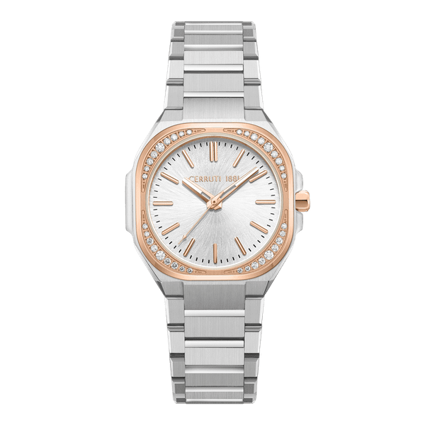 CERRUTI 1881 WATCH [CIWLG0096905], luxury wristwatch with a two-tone silver and rose gold bracelet, round silver dial with rose gold markers, and a bezel decorated with sparkling diamonds.