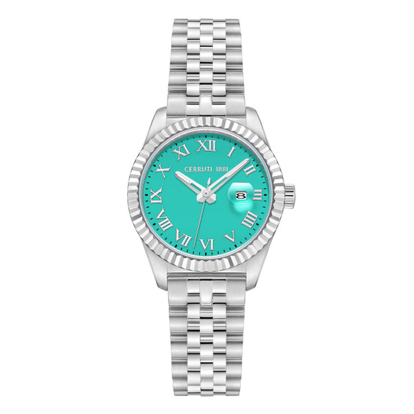 CERRUTI 1881 WATCH, stylish silver wristwatch with a turquoise dial, Roman numeral hour markers, date display, and metal bracelet.