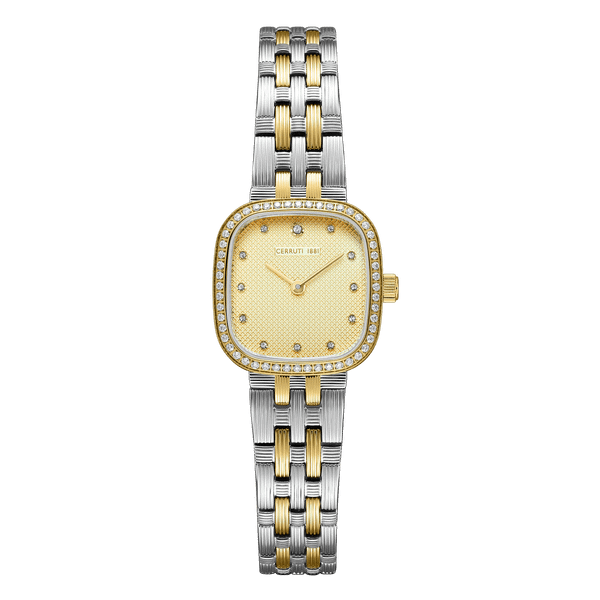 CERRUTI 1881 WATCH [CIWLG0074204], luxury two-tone gold and silver wristwatch with diamond accents, rectangular gold dial, and two-tone linked bracelet.