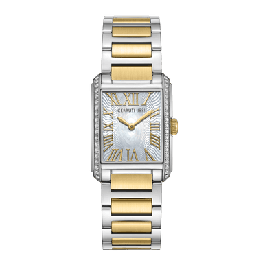 CERRUTI 1881 WATCH [CIWLG0086104], luxury women's wristwatch with a rectangular silver and gold-tone stainless steel band and a silver dial featuring Roman numerals and a decorative bezel.