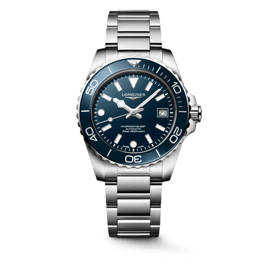 LONGINES Longines HydroConquest [L3.779.4.96.6], stainless steel diving watch with blue dial, unidirectional bezel, and date display.
