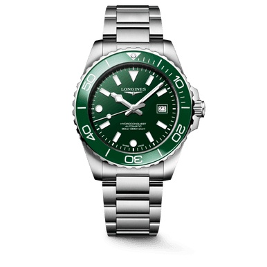 LONGINES Longines HydroConquest [L3.788.4.06.6], a luxury stainless steel dive watch with a green dial and matching green bezel, featuring luminous hands and markers, date display at 3 o'clock, and a robust bracelet.