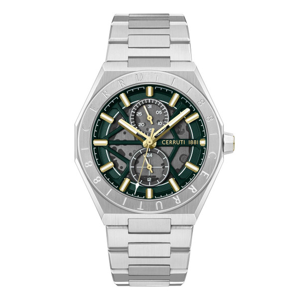CERRUTI 1881 WATCH, A luxury men's wristwatch with a silver stainless steel band and green and black dial featuring chronograph subdials and gold accents.