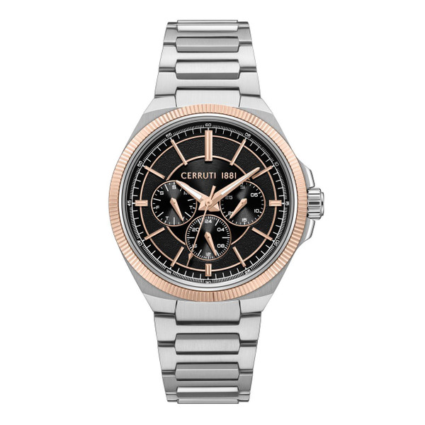 CERRUTI 1881 WATCH [CIWGK0084504], luxury men's wristwatch with a silver and rose gold-tone stainless steel band and a black dial featuring multiple subdials and gold-tone markers.