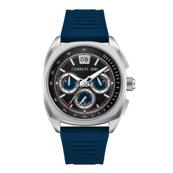 CERRUTI 1881 WATCH [CIWGO0085105], a stylish men's wristwatch with a stainless steel case, black dial, blue sub-dials, and blue strap with chronograph features.